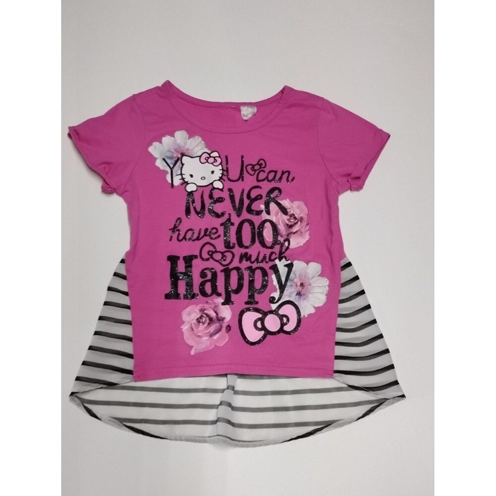 Hello Kitty Pink Floral High-Low Tee with Striped Hem Flowy Back Size 6 Possibly